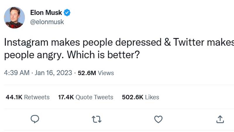 एलन मस्क ने पूछा मज़ेदार सवाल, क्या बेहतर ? तनाव देने वाला इंस्टाग्राम या क्रोधी  ट्विटर ?