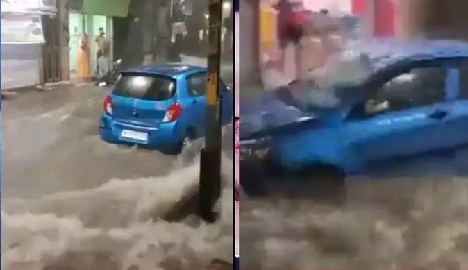 राजस्थान में बारिश... जोधपुर में उल्टी चली कार