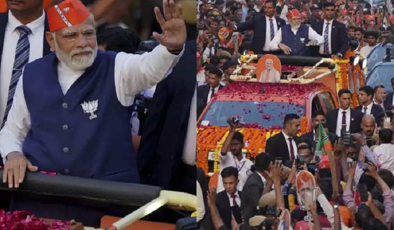 खुली जीप... 35 किलोमीटर तक सड़क के दोनों तरफ जनसैलाब और आतिशबाजी, खास है मोदी का रोड शो..!